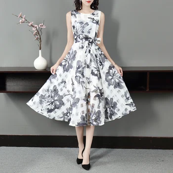 

XF Ink Painting Print Casual Fashion Dress Sleeveless Bows Belted 2019 Summer Sexy Party High Quality Womenswear
