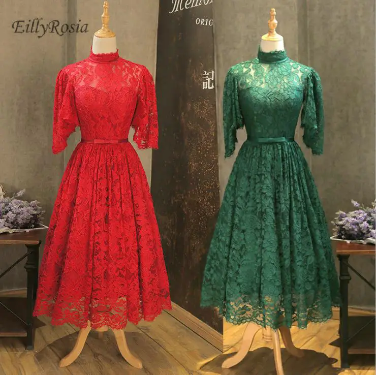 High Neck Lace Bridesmaid Dresses Tea Length Green Red White