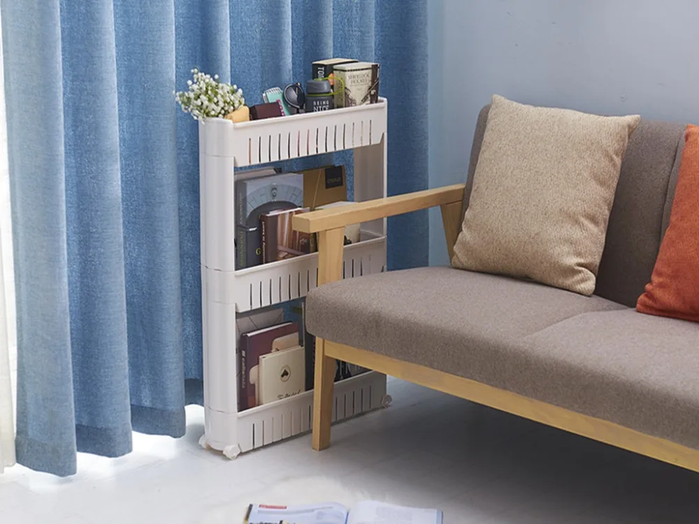 3-Tier Gap Kitchen Storage Rack Shelf Slim Slide Tower Movable Assemble Plastic Bathroom Shelf Wheels Space Saving Organizer