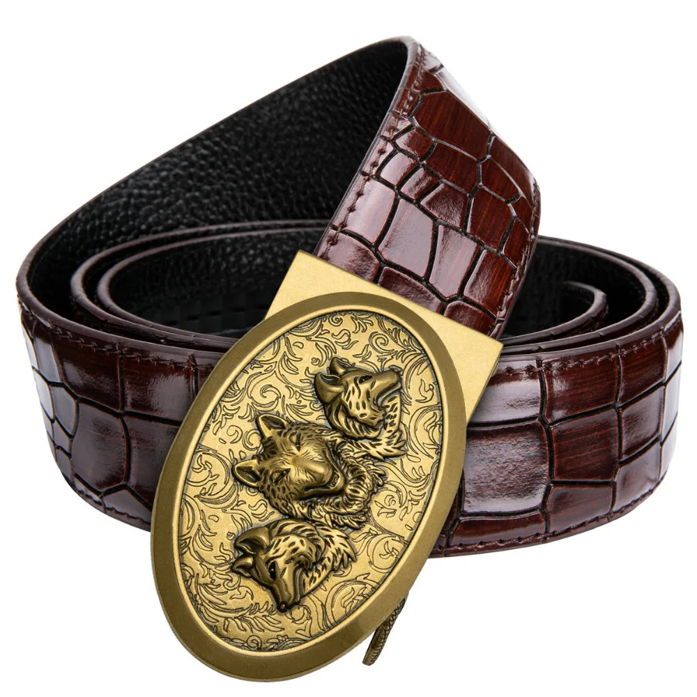 Western Cowboy Belts for Men Vintage Leather Belt with Retro Belt Wolf Automatic Buckle Mens ...