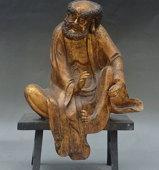 

17" China Buddhism Bronze Gilt Old Arhat Dharma Damo Bodhidharma On Bench Statue