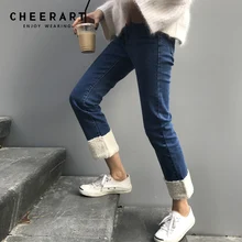 Cheerart джинсы с высокой талией женские Стрейчевые Лоскутные флисовые джинсы зимние брюки тонкие женские джинсы длиной до лодыжки Femme корейский