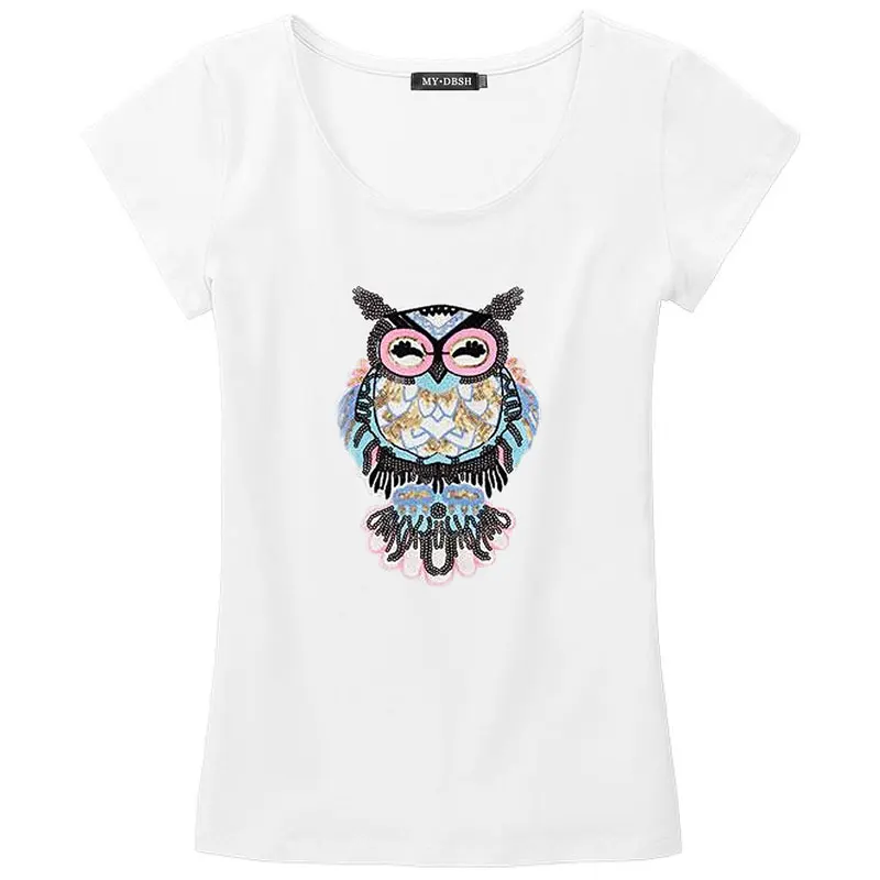 Летняя женская футболка с рисунком совы, расшитая вручную блестками, с объемным рисунком, Camisetas Mujer размера плюс S-5XL, женская футболка из хлопка - Цвет: O neck White