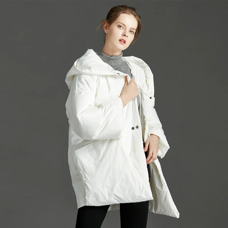Список Мода обычный тип женский пуховик большой карман сшивание зима утолщение 90% белый утиный пух пальто короткое