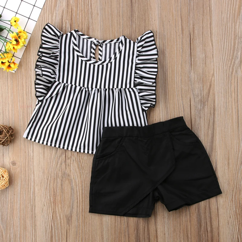 Стильная детская модная одежда для девочек летние топы в черно-белую полоску, футболка черные шорты комплект одежды из 2 предметов, От 0 до 5 лет