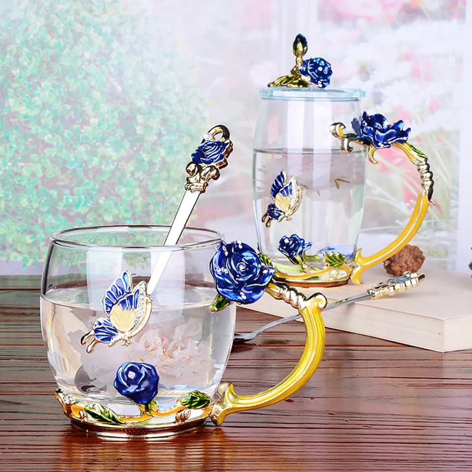 

Enamel Color Coffee /Tea Cup Glass Chinese Tea Cup Coffee Mugs Creative Heat-Resistant Glass Cups Set with Stainless Steel Spoon