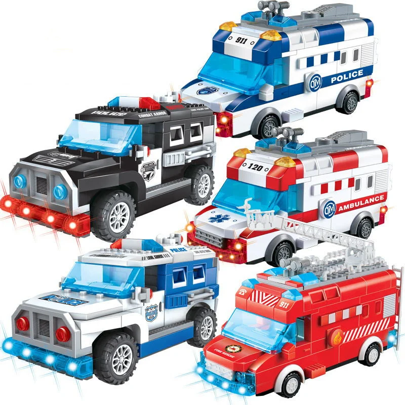 

Hospital Rescue Ambulance Police Fire Police building block Car With Electric universal Sound Light For Children Toys Gifts
