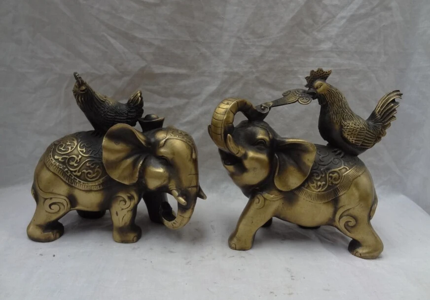 

S3704 8" China Bronze FengShui Wealth YuanBao RuYi Cock Ride Elephant Statue Pair D0318