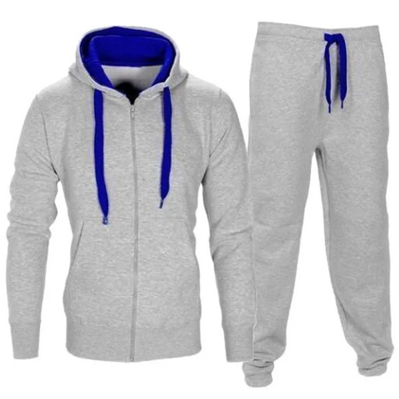 Adisputent Patchwork Autumn Winter Men Suits Men's Sportswear Tracksuit with Zipper Hoodie Two Pieces Set Drawstring chandal - Цвет: Light Gray and Blue