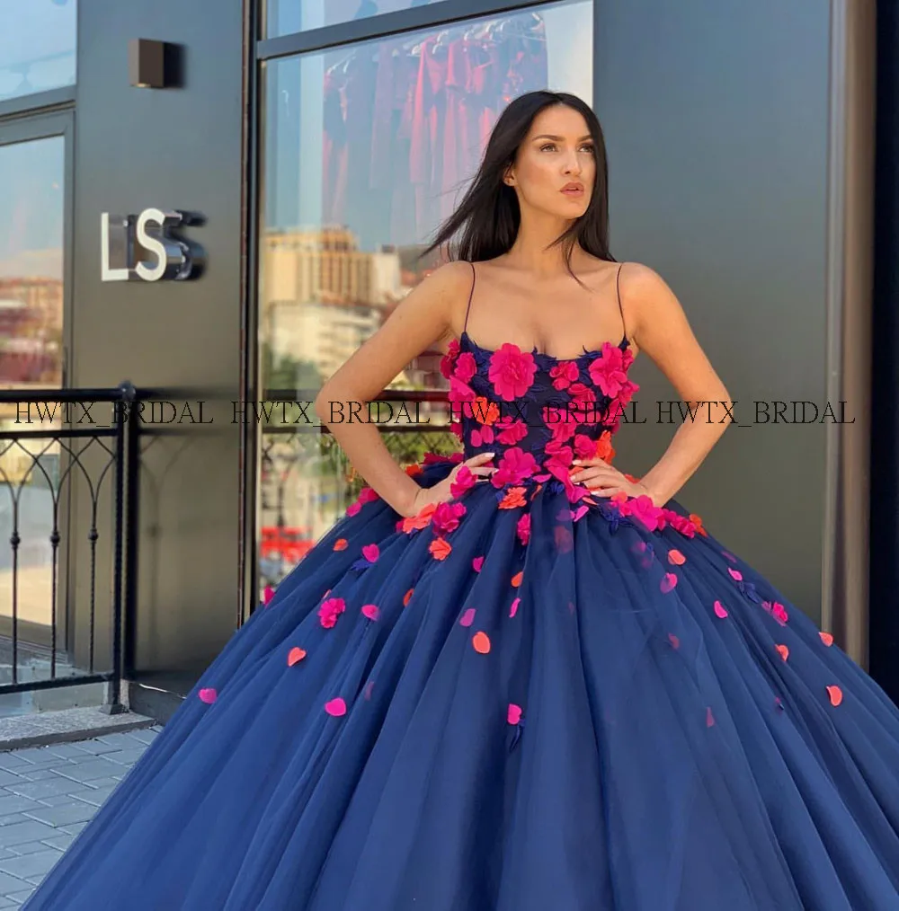 Потрясающие 3D цветы Бальные платья корсет Темно-Синий Тюль Арабский бальное платье Выпускное длинное платье Vestidos de 15 anos на заказ