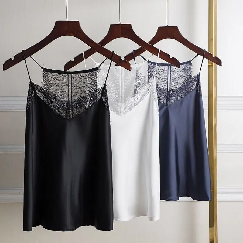 

Aescondo Cute Eyelash Lace Camis Tops Women Imitation Silk Basic Tops New In 2018 Summer Sexy V-neck Basic Camisole Tops Woman