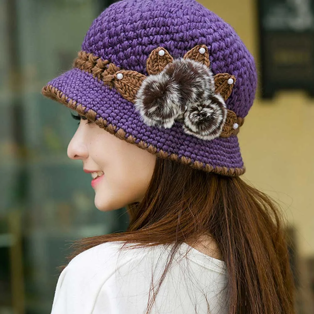 Для женщин Новая мода Для женщин зимний теплый вязанный цветочное украшение; ушками на капюшоне, зимне наушники шапка; Роскошная элегантная теплая шапка