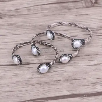 

5pcs White Snakeskin Cuff Bangle With Natural Crystal Pearl Bangle Bracelet