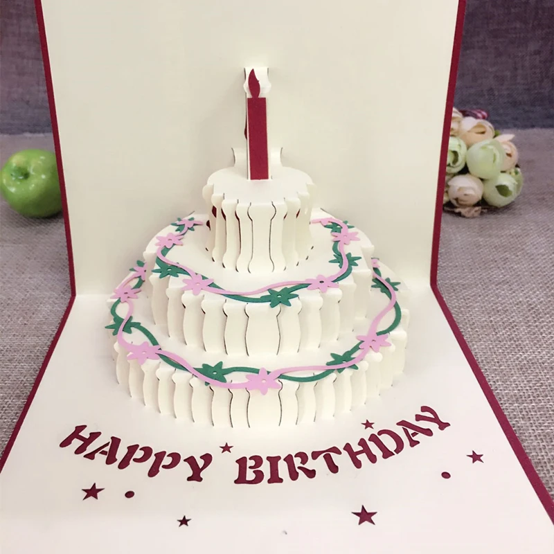 1pcs Sample Happy Birthday Postcard Greeting Gift Cards Kraft Kirigami 3D Handmade Pop Up Laser Cut Vintage Cake with Envelope (9)