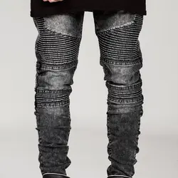 Для мужчин классический плиссированные мужские джинсы деним стрейч тонкий середине талии карандаш брюки подросток в стиле панк модный
