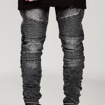 

Men Classic Pleated Denim Jeans Male Stretch Slim Mid Waist Pencil Pants Teenager Punk Style Fashion Patchwork Jeans AA51414