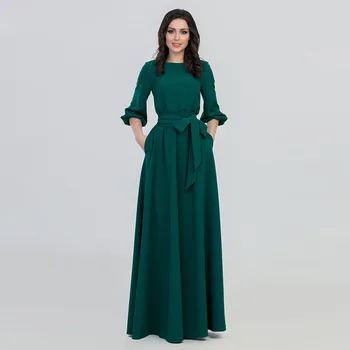 New 2019 Women's Dress Fashion Round Neck Long Sleeve Dress Middle Eastern Muslim National Solid color Big Swing Robe Dress black swing long sleeve dress