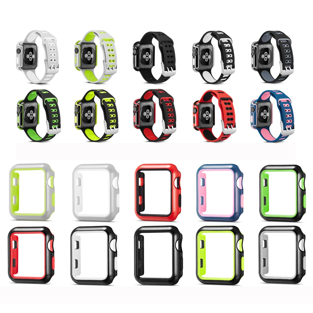 

Double color double buckle silicone Watchband and case For iWatch Series 123 Cover For apple Watch strap accessories 38mm 42mm