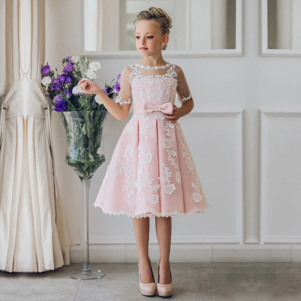 Pink Prince Slim-line Delicate Lace Flower Girl Dress Knee Length Bowknot Short Sleeves A Line High Quality Party Evening | Свадьбы и