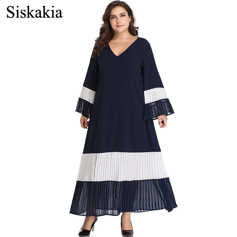 

Siskakia 2019 Spring Patchwork Pleated Swing Long Dress V-Neck Flare Sleeve Plus Size Maxi Dresses Navy Elegant Women Party New