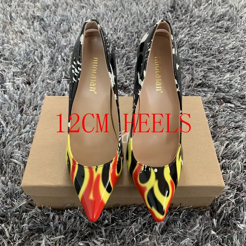 Г. Женская обувь женские туфли-лодочки на высоком каблуке 12 см, 10 см, 8 см женские вечерние туфли из лакированной кожи с острым носком и принтом пламени - Цвет: HJ-AL B12cm