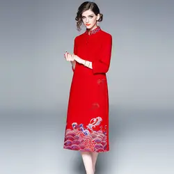 Cheongsam цветочный платье с вышивкой Женская Зима 2018 китайский стиль воротник стойка три четверти рукав женский платья для женщин