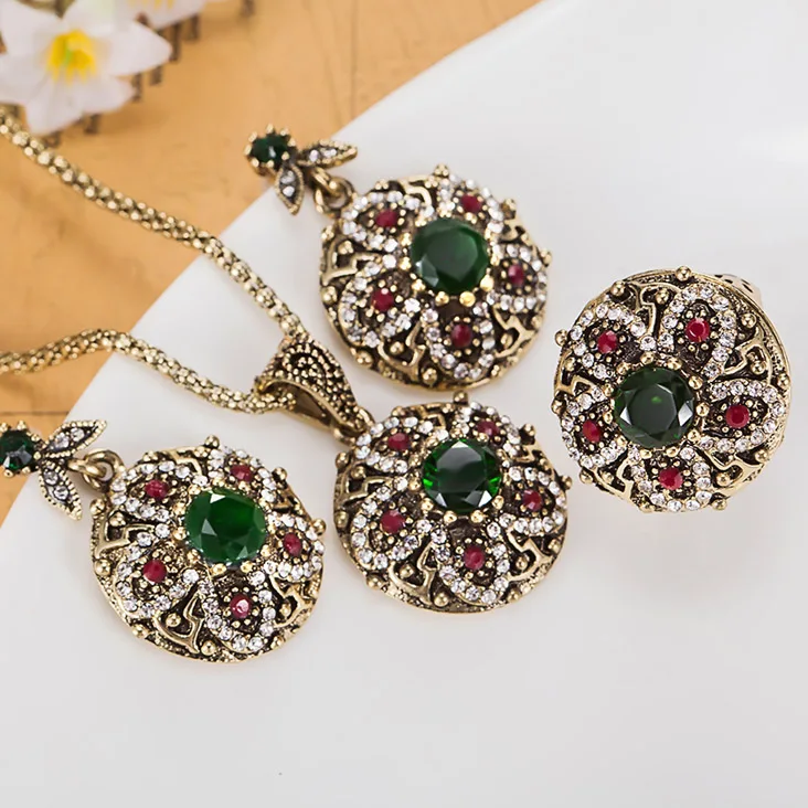 colorful Turkish Jewelry Sets Fashion Women Vintage Necklace Earring Rings Jewellery sets Brand Indian Accessories For