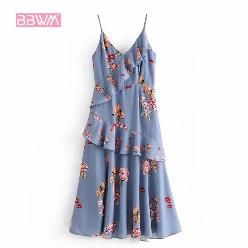 

2019 spring new women's fashion wild V-neck ruffled hem split fork strap female dress Sleeveless beach female dress