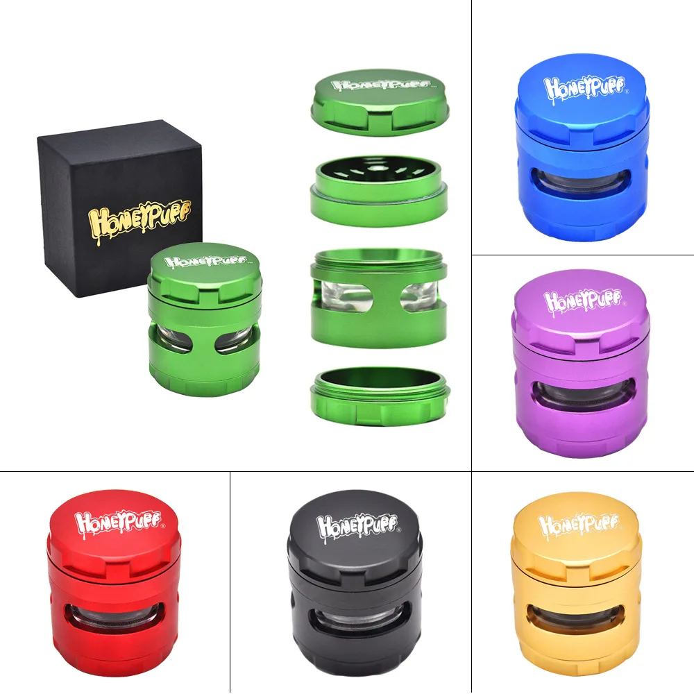 

HONEYPUFF Window Design Herb Grinder 60mm/2.40" 5 Layers Herb Crusher Spice Crank Separated Screen Hand Muller