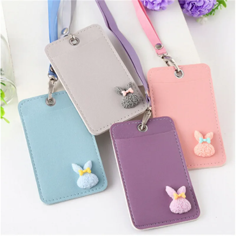 

Women Cute Leather Card Holder Cartoon Candy Students Bus Card Case Lanyard Girls Cute Rabbit Door Work Identity Cards Cover