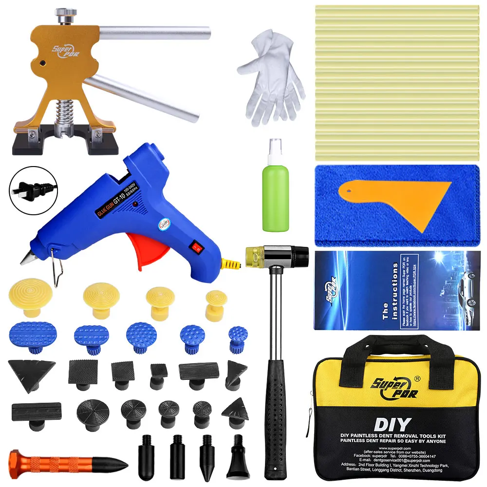 

Super PDR Dent Puller Suction Cup Tools Kit For Car Rubber Hammer Hail Dent Removal Tools Set With Bag Hot Glue Guns Glue Sticks