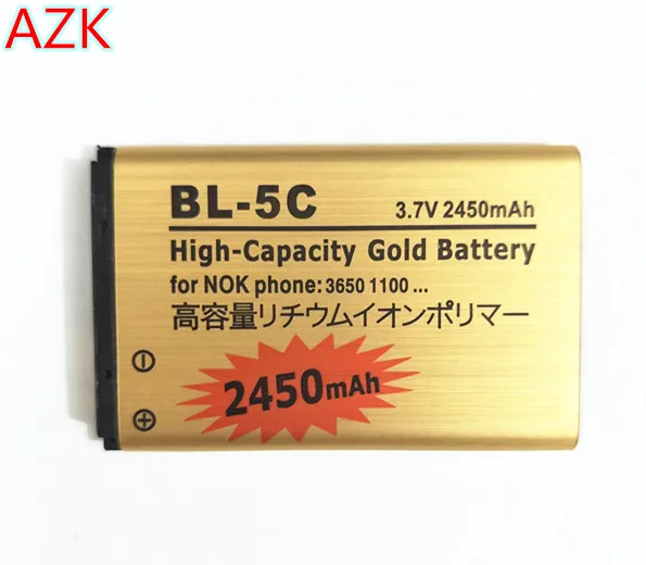 АЗК 2450mAh Золотой BL-5C BL 5C Батарея для Nokia 1100 1200 1650 2300 2310 2600 2610 3100 3120 3650 5130 6030 6600 6263 6230 6630