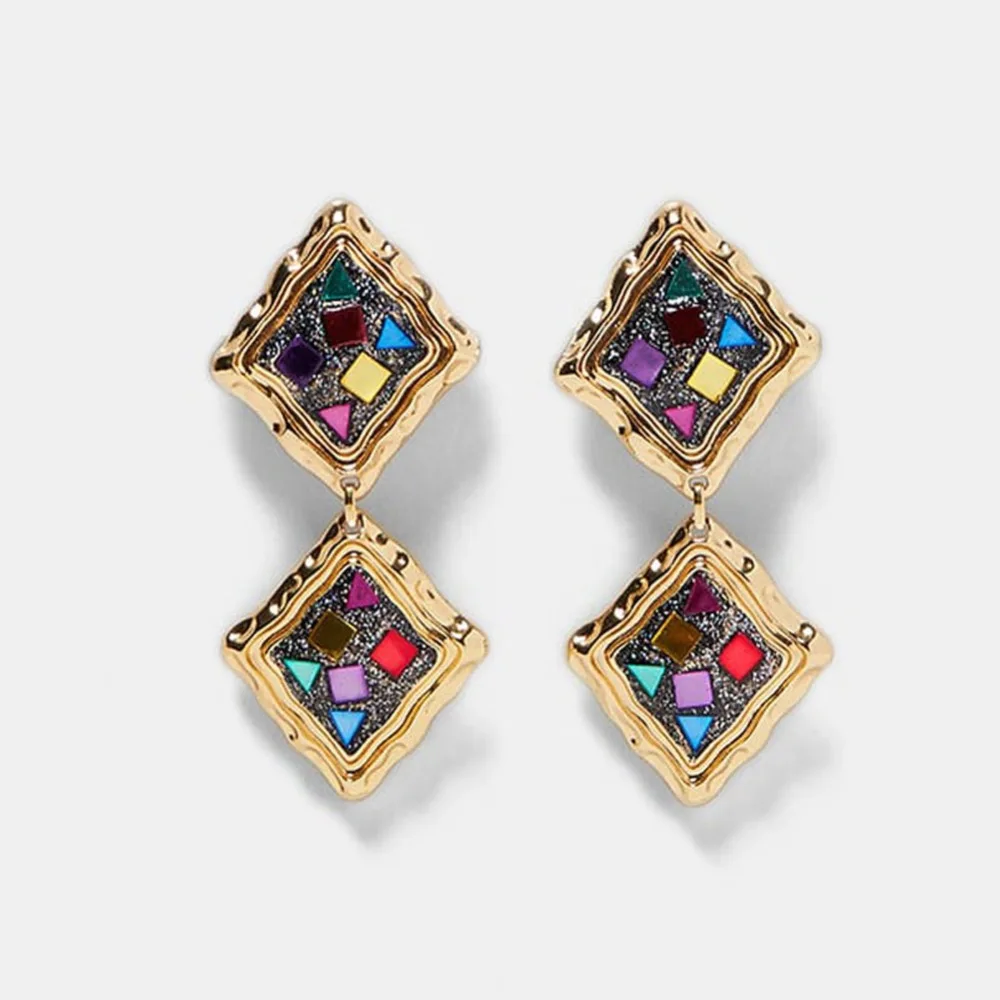 

Bestessy Za Maxi Jewelry Wholesale Irregular Metal Colorful Crystal Dangle Drop Earrings For Women Wedding Party Accessories