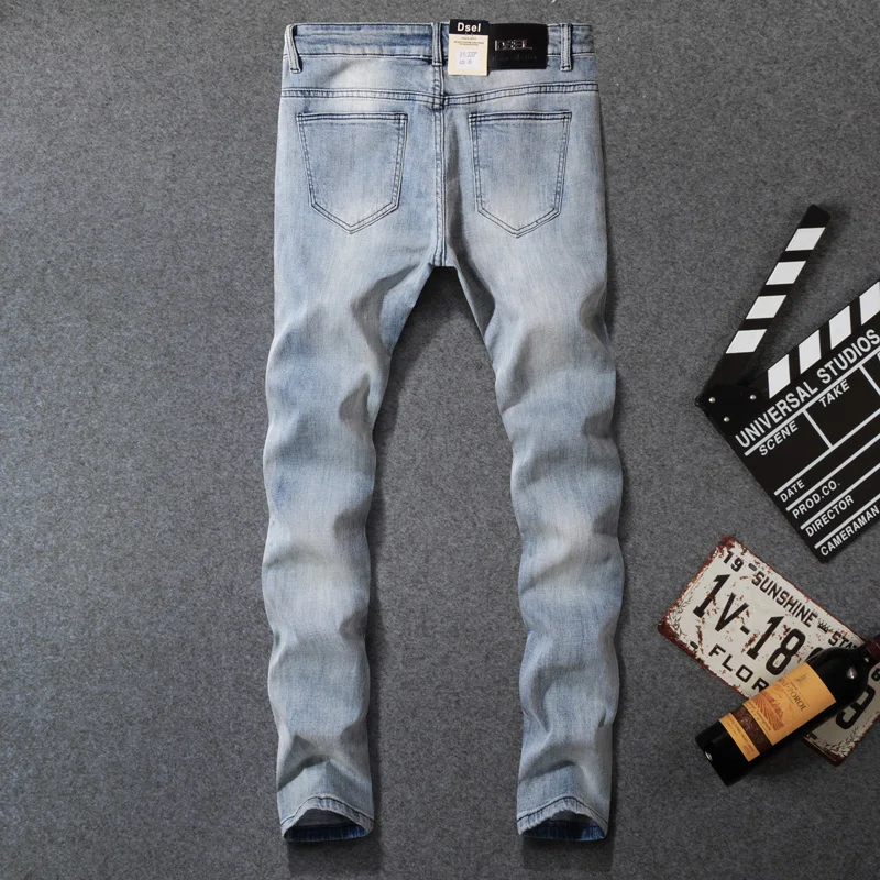 Summer Fashion Men Jeans Light Blue Color Slim Fit Elastic Denim Classical Pants hombre Streetwear Hip Hop DSEL Jeans homme 