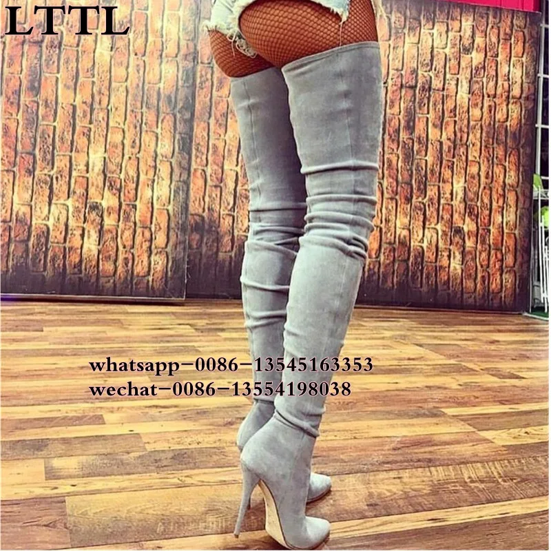 High Quality 10cm High Heel Suede Over the Knee Boots Pointed Toe Side Zipper Tight High Boots For Woman Size 42 Real Photo