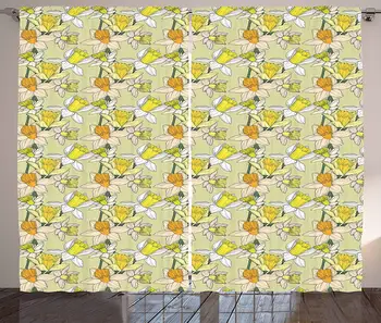 

Garden Art Curtains Narcissus Flowers Bouquet Colorful Jonquil Blooms Hand Drawn Spring Pattern Living Room Bedroom Window Drape