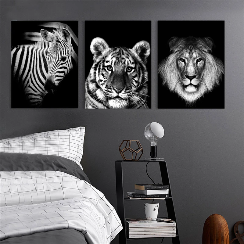

Nordic Modern Classic Black and White Animal Lion Horse Tiger Leopard Head Poster Canvas Painting Room Mural Wall Picture Decor