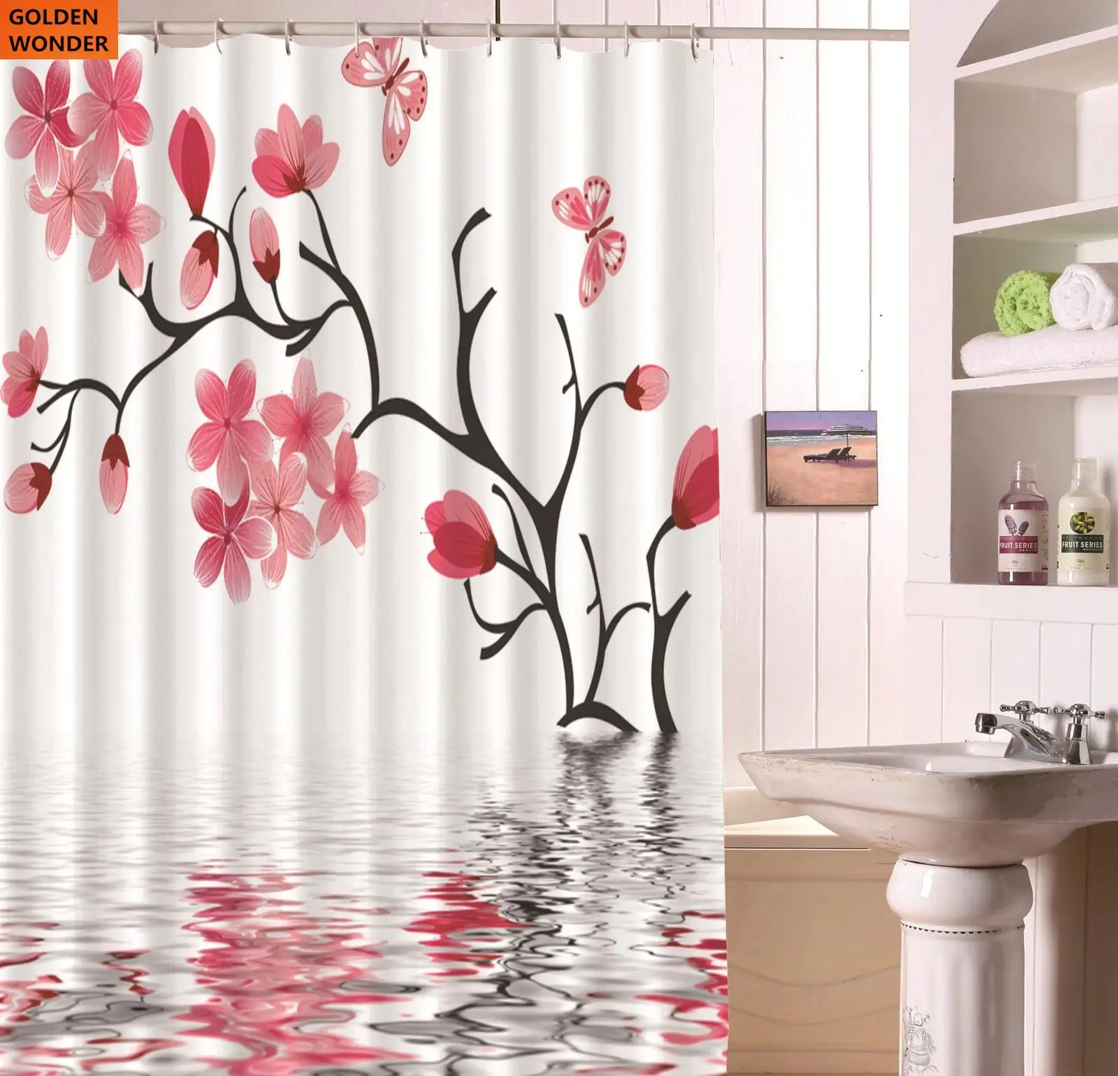 

New Product Shower Curtain Waterproof Bath Curtains Bathroom Curtain Thick Red Flower White Fabric Home Decor