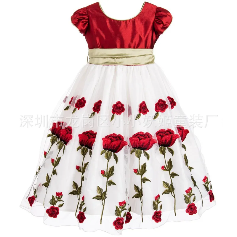 

2017 Red Rose Dress Kid Girls Short Sleeve Print Baby Girl Clothes Children Outfits Toddler Clothing Princess Child Dresses