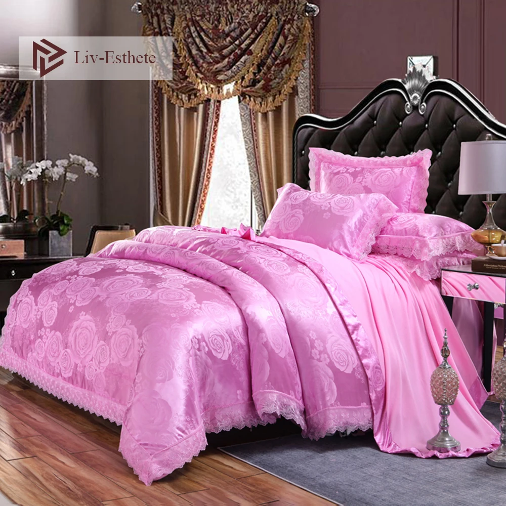 

Liv-Esthete European Luxury Pink Satin Jacquard Bedding Set Lace Side Duvet Cover Flat Sheet Pillowcase Queen King Bed Linen