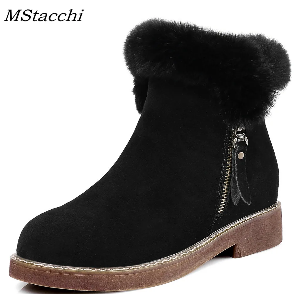 

MStacchi Women Snow Boots Low Heels Shoes Woman Winter Warm Side zip Ankle Boots High Quality Round Toe Plush Botas Mujer 34-39