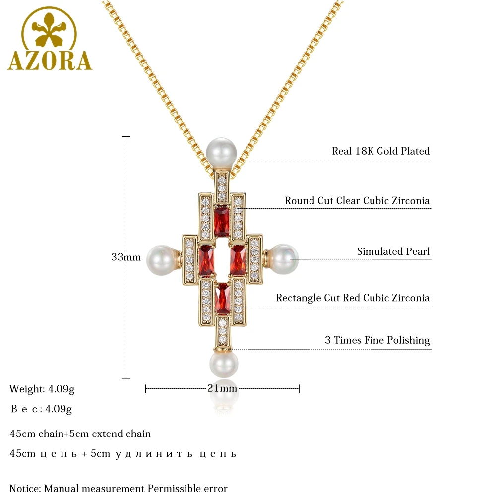 AZORA Красный кубический цирконий крест жемчужное ожерелье для женщин золото короткое ожерелье с подвеской Роскошные массивные ювелирные изделия TN0277