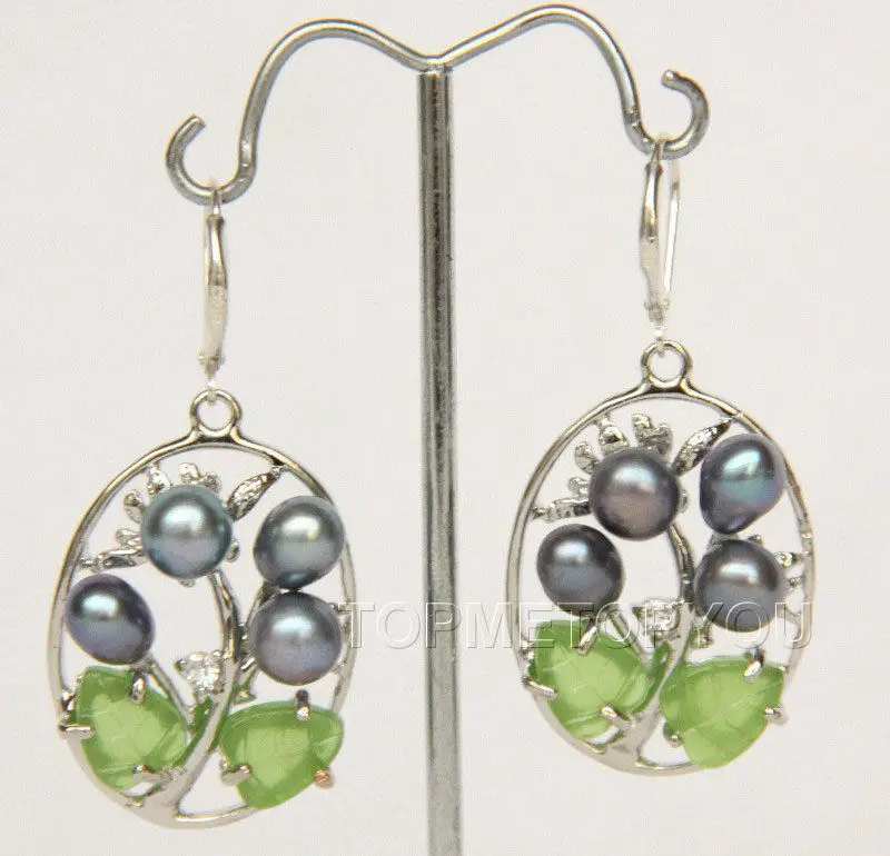 

22X28mm flower Dangle black freshwater pearls Earrings