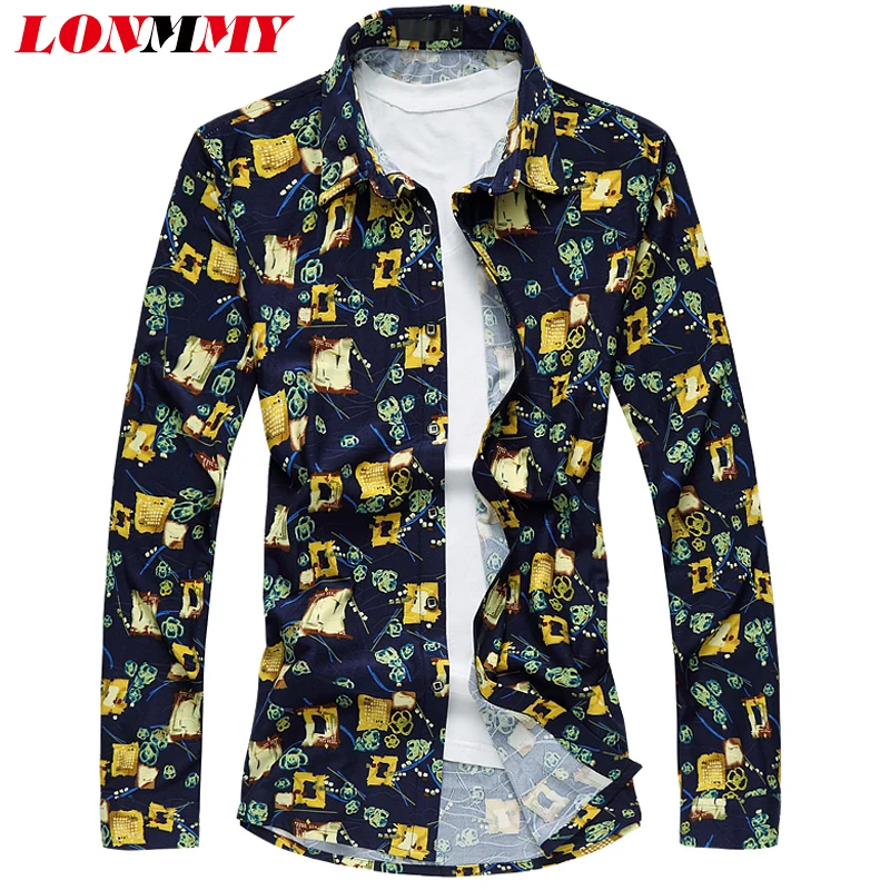 LONMMY 6XL Гавайские Блузы Цветочные мужские рубашки с длинным рукавом Повседневные
