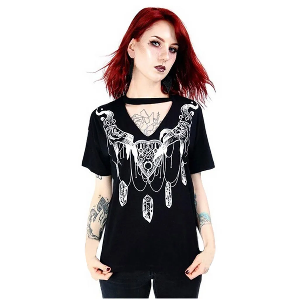 

2019 New Fashion Tshirt Women Gothic Style Punk Girl Summer Short Sleeve V-neck Tops T-shirt Camiseta Top Women Harajuku T Shirt