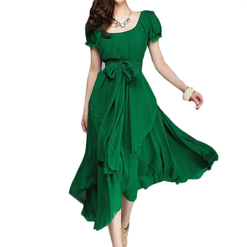 New Women Fashion Short Sleeve O neck Chiffon Dresses Casual Long Dress ...