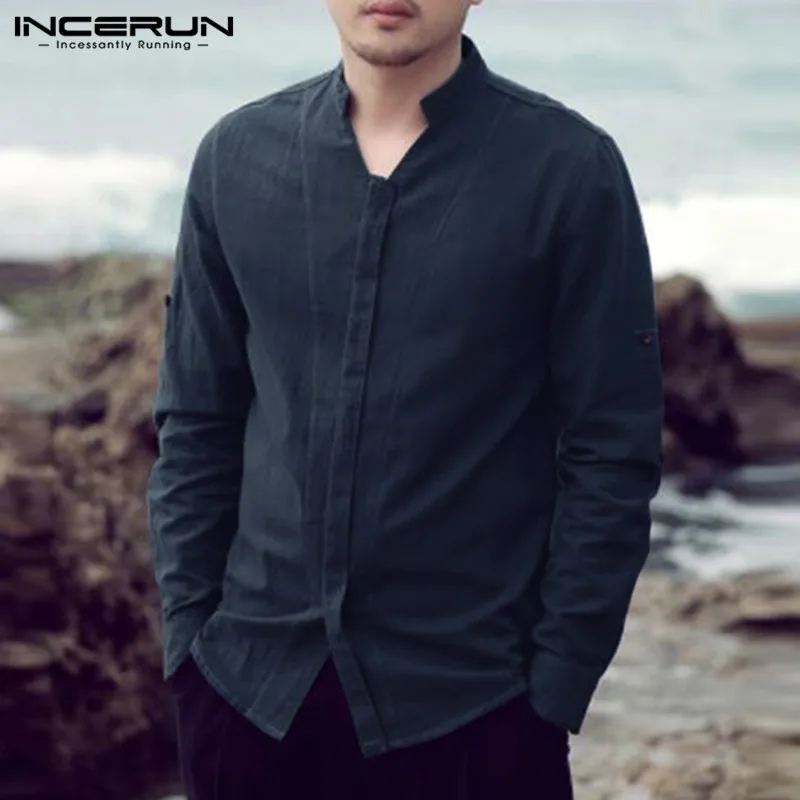 

INCERUN 2019 Men Cotton Linen Shirt Stand Collar Long Sleeve Casual Male Tops Vintage Solid Leisure Social Shirt Men Camisa 5XL