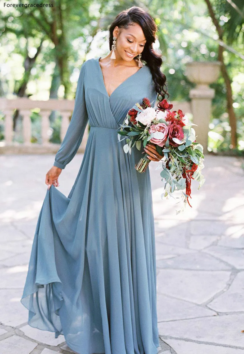 2019 New Country Bridesmaid Dresses Chiffon Flowy A Line V Neck Long Sleeves Maid of Honor Gowns For Country Weddings Evening Dress bm0238  70 (8)