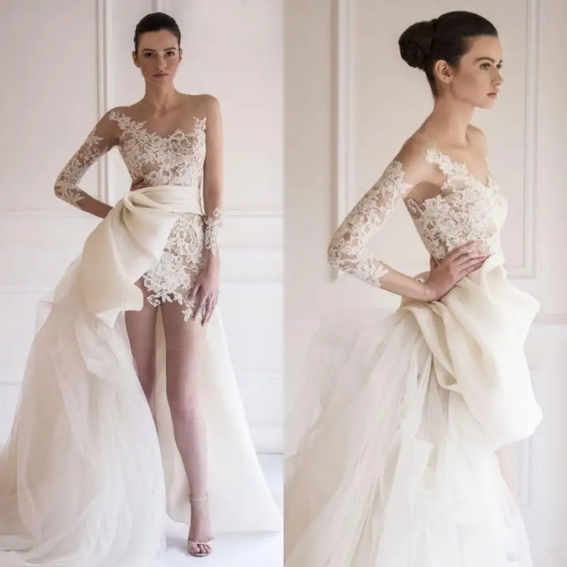 

Fashionable Bridal Dresses Full Sleeves Removable Train Vestidos de Noiva Wedding Gowns Chic Custom Made Bridal Dress Long