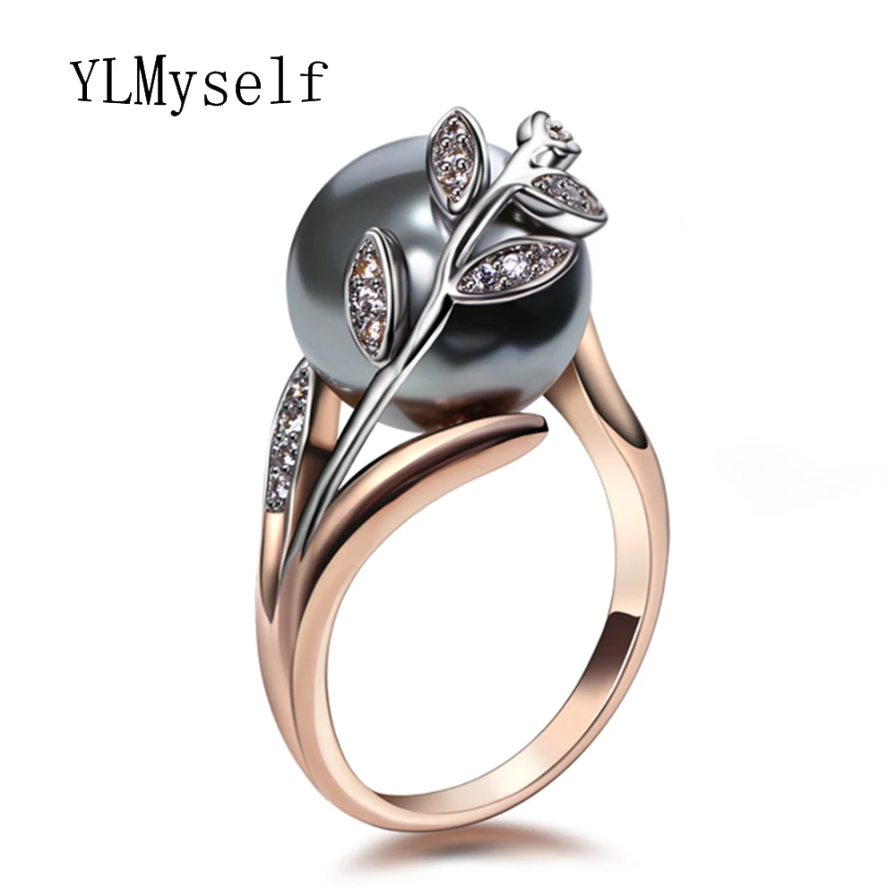Rose ring with Gray Pearl for women Leaf Trendy jewellery dropshipping anel anillos aneis bagues femme statement jewelry